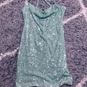 Sequin Cowl Neck Slip Dress - Mint Green